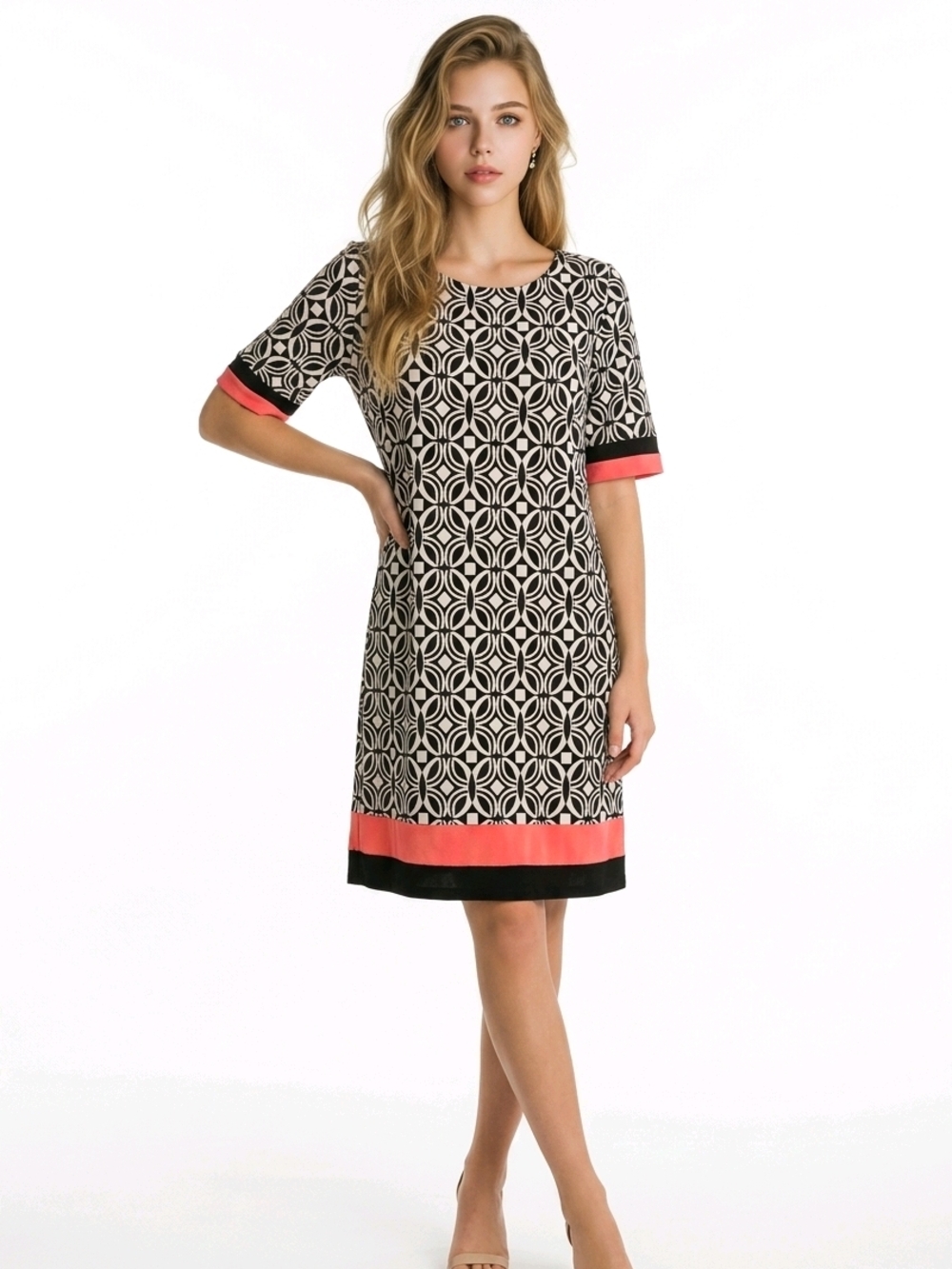 Luxology Black & Coral Geo-Pattern Midi Dress
